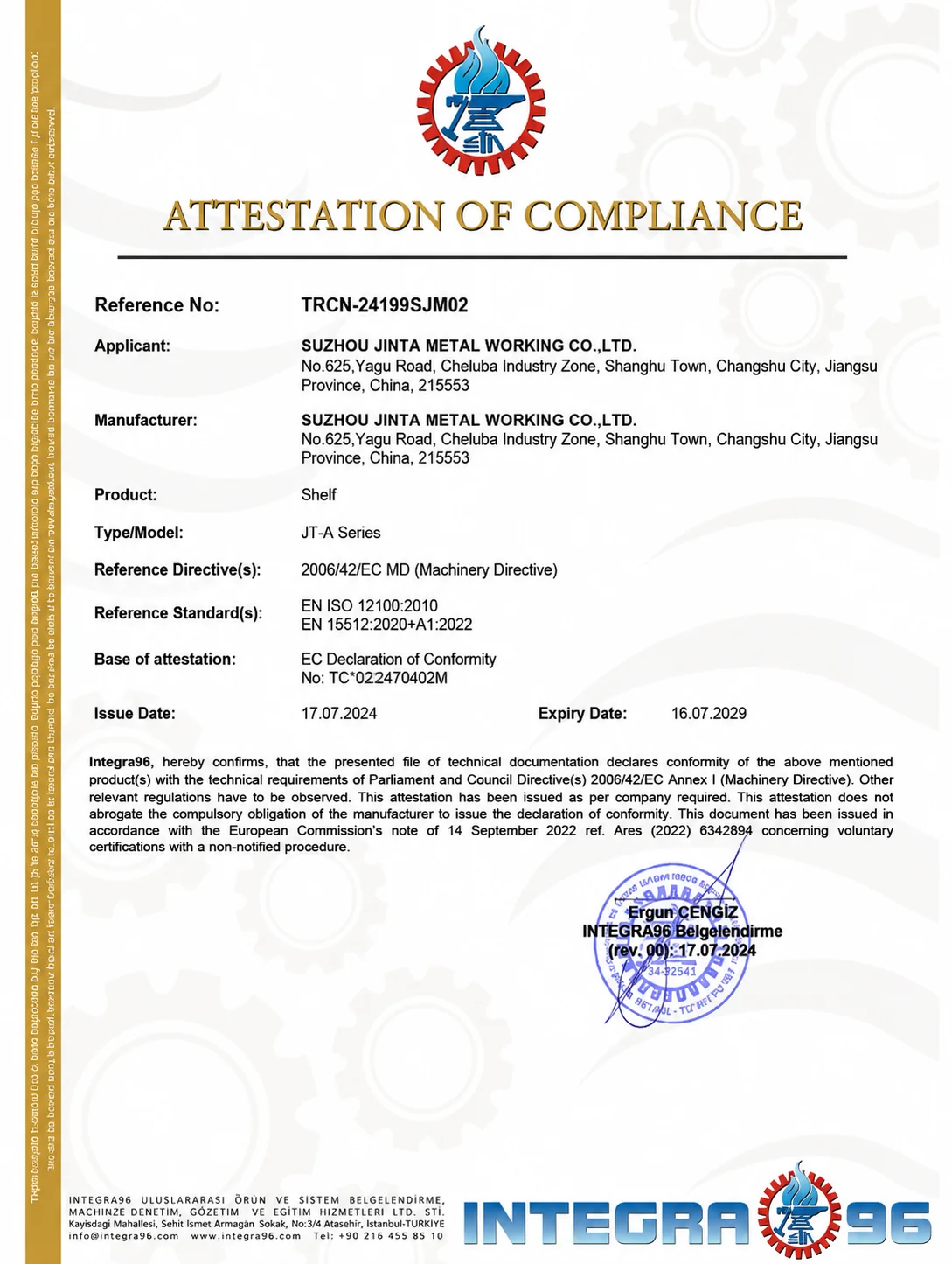 CE conformity attestation for Jinta shelf under the EU Machinery Directive