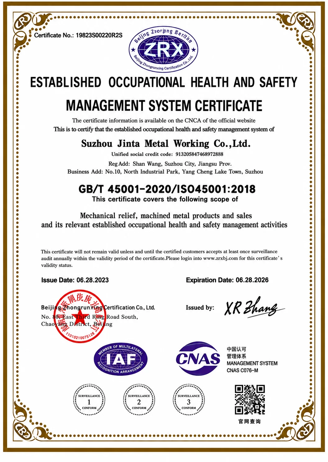 ISO 45001:2018 Occupational Health and Safety Management System certificate for Suzhou Jinta